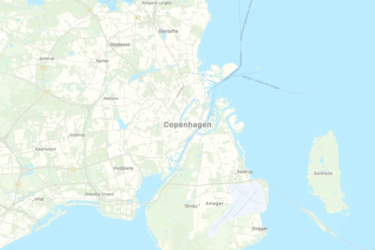 Map of Copenhagen and its surroundings with the city centre marked