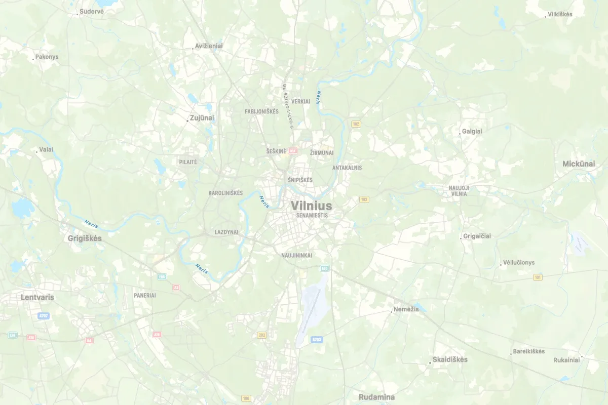 Map of Vilnius and its surroundings with the city centre marked