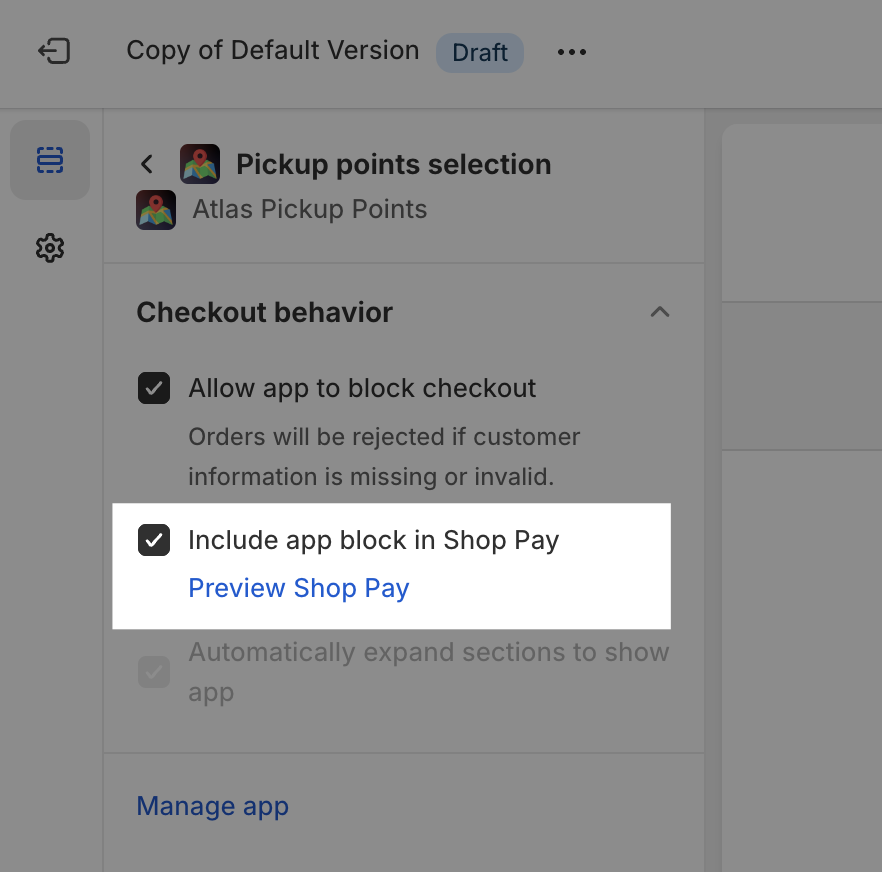 App block with Shop Pay enabled