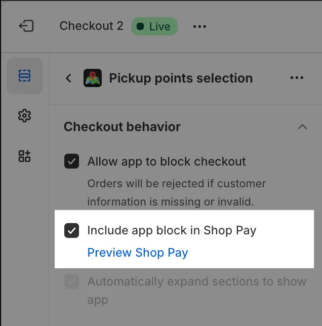 App block with Shop Pay enabled