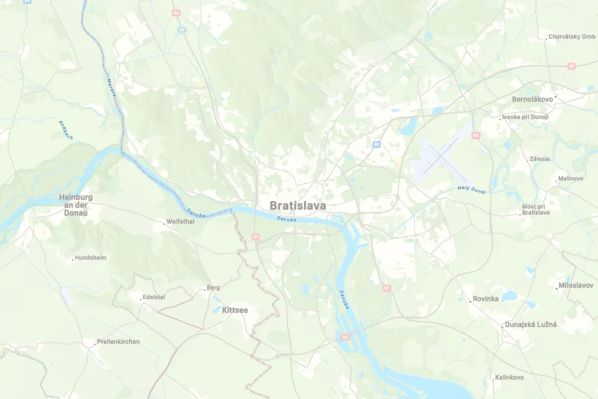 Map of Bratislava and its surroundings with the city centre marked