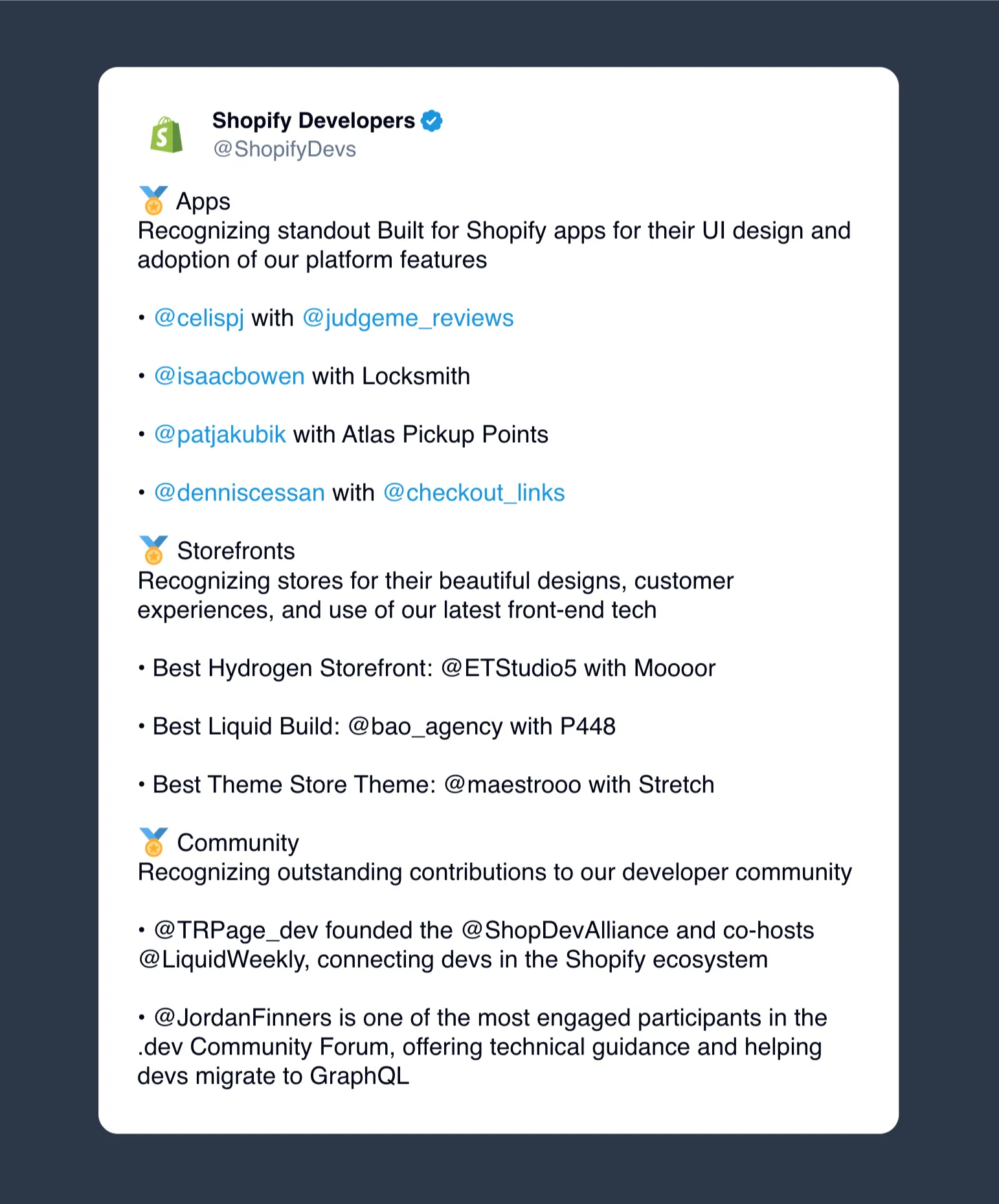 Shopify Awards announcement on X