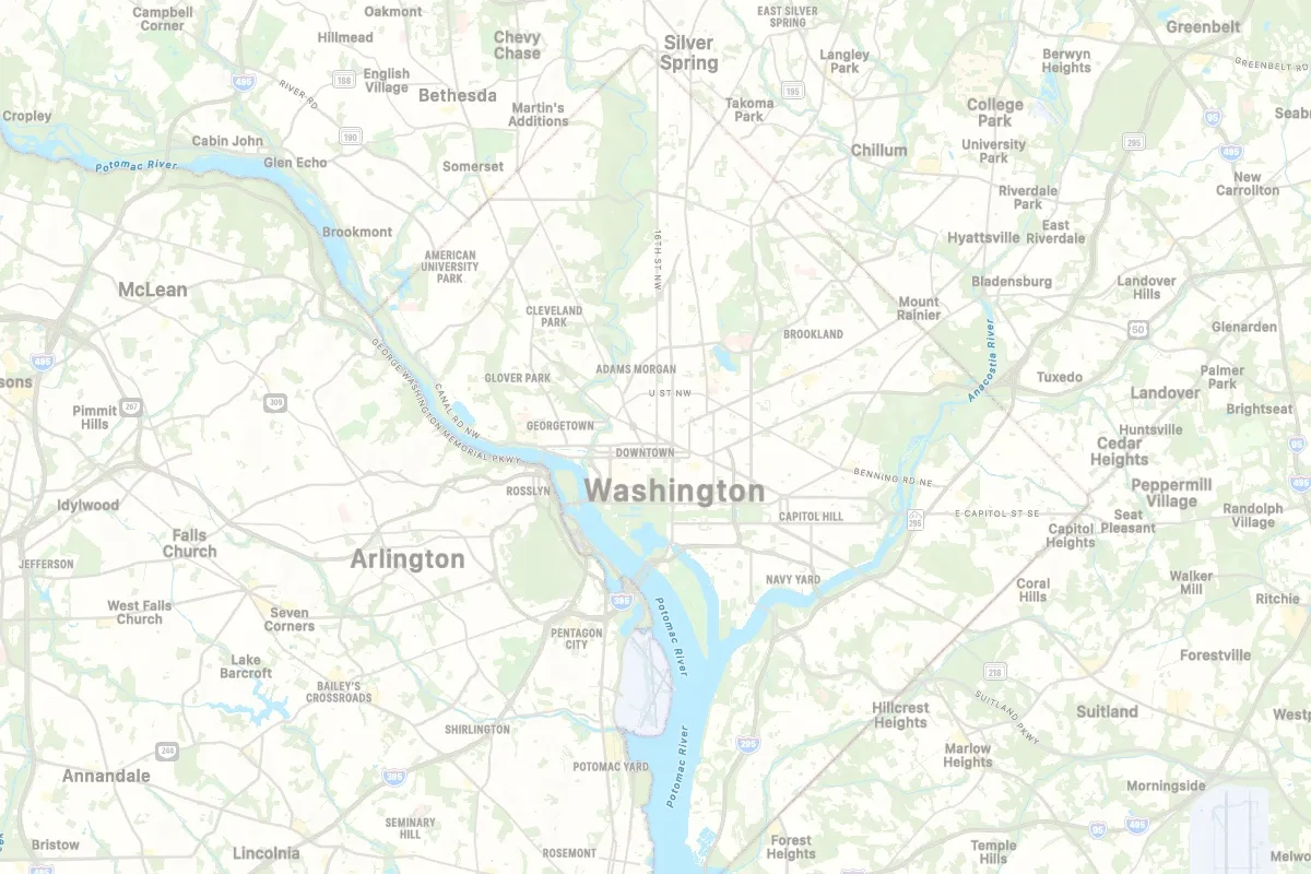 Map of Washington, D.C. and its surroundings with the city centre marked